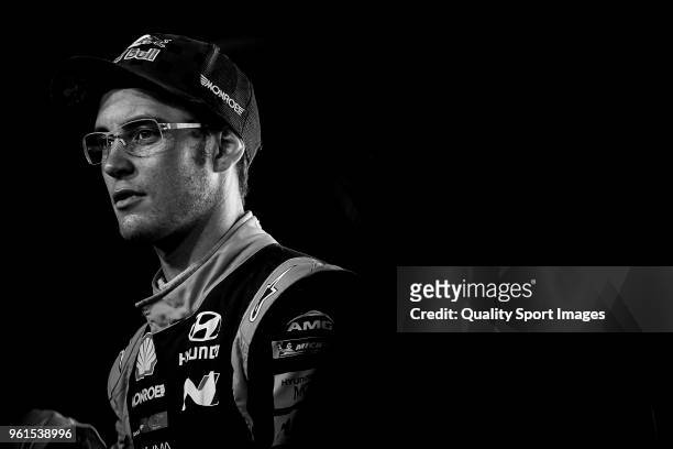 Thierry Neuville of Belgium looks on during press conference at the end of day two of World Rally Championship Portugal on May 18, 2018 in...