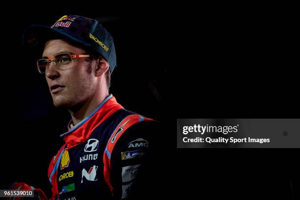 Thierry Neuville of Belgium looks on during press conference at the end of day two of World Rally Championship Portugal on May 18, 2018 in...