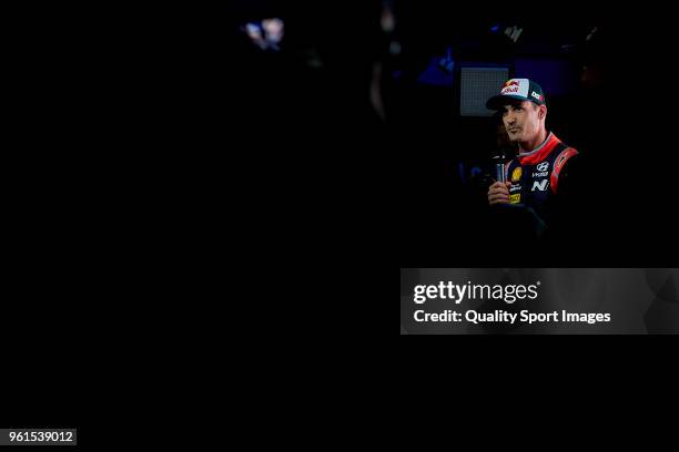 Dani Sordo of Spain looks on during press conference at the end of day two of World Rally Championship Portugal on May 18, 2018 in Matosinhos,...