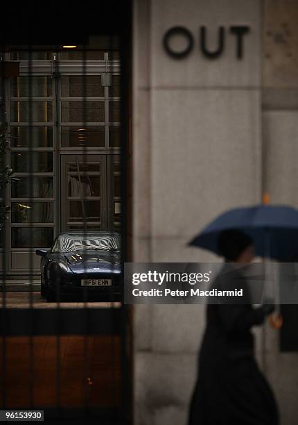 Sports car sits in the front entrance to the Goldman Sachs building in Fleet Street on January 25, 2010 in London. The top 100 partners at Goldman...