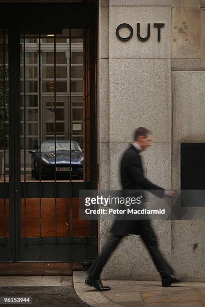 Sports car sits in the front entrance to the Goldman Sachs building in Fleet Street on January 25, 2010 in London. The top 100 partners at Goldman...