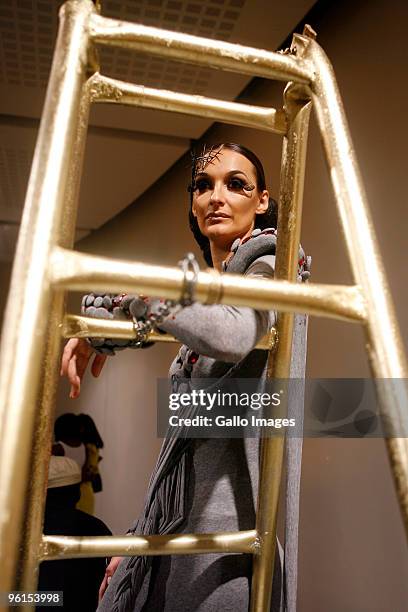 Model displays a creation by David Tlale during the Audi Fashion Week at the Sandton Convention Centre on January 21, 2010 in Johannesburg, South...