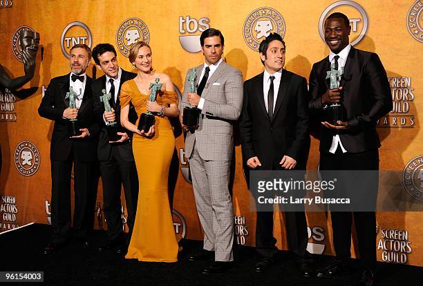 Actors Christoph Waltz, B.J. Novak, Diane Kruger, Eli Roth, Omar Doom and Jacky Ido pose in the Press Room at the TNT/TBS broadcast of the 16th...