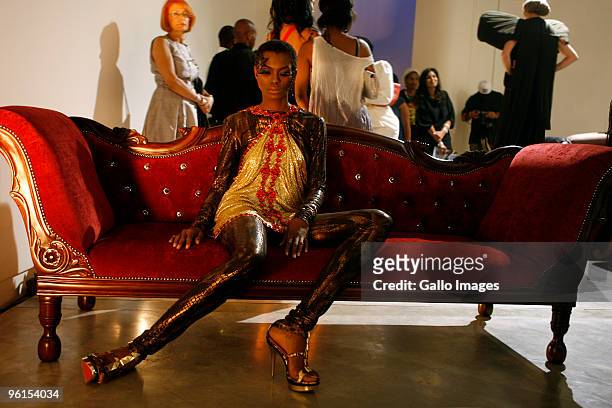 Model displays a creation by David Tlale during the Audi Fashion Week at the Sandton Convention Centre on January 21, 2010 in Johannesburg, South...