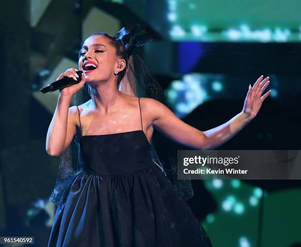 Singer Ariana Grande performs at the 2018 Billboard Music Awards at the MGM Grand Garden Arena on May 20, 2018 in Las Vegas, Nevada.