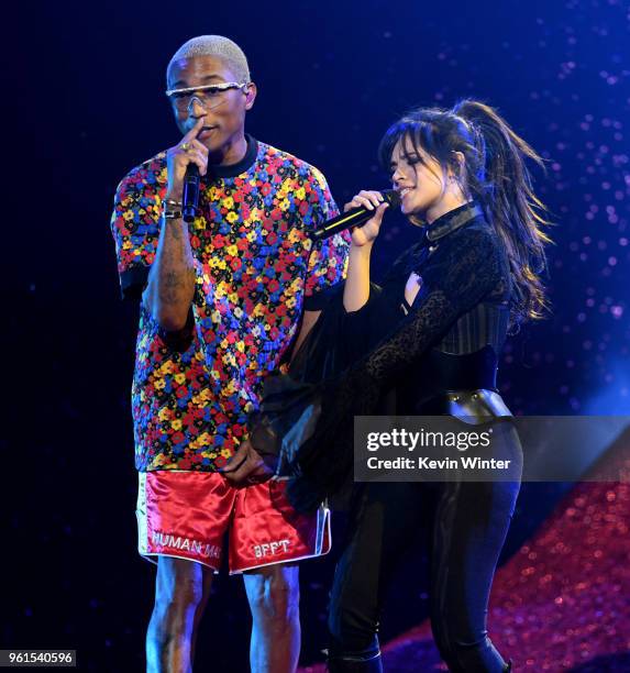Pharrell Williams and Camila Cabello perform at the 2018 Billboard Music Awards at the MGM Grand Garden Arena on May 20, 2018 in Las Vegas, Nevada.