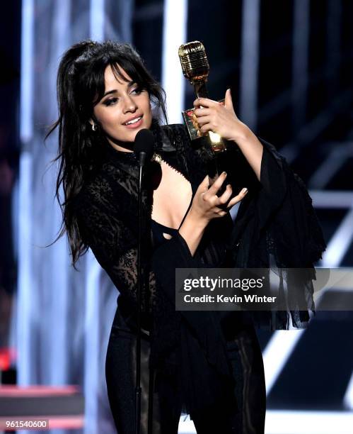 Singer Camila Cabello speaks onstage at the 2018 Billboard Music Awards at the MGM Grand Garden Arena on May 20, 2018 in Las Vegas, Nevada.