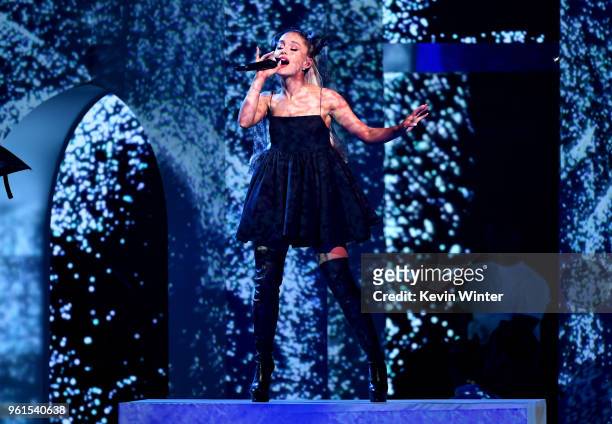 Singer Ariana Grande performs at the 2018 Billboard Music Awards at the MGM Grand Garden Arena on May 20, 2018 in Las Vegas, Nevada.