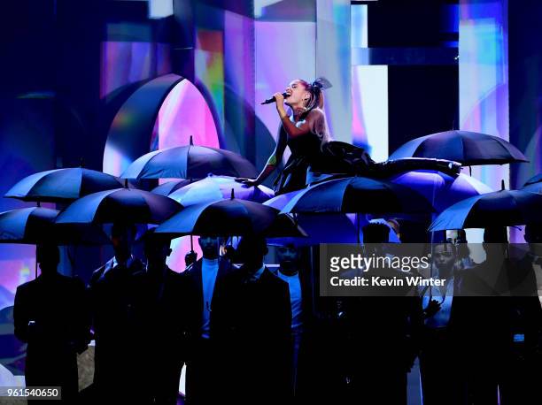 Singer Ariana Grande performs at the 2018 Billboard Music Awards at the MGM Grand Garden Arena on May 20, 2018 in Las Vegas, Nevada.