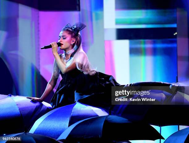 Singer Ariana Grande performs at the 2018 Billboard Music Awards at the MGM Grand Garden Arena on May 20, 2018 in Las Vegas, Nevada.