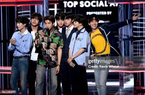 Music group BTS accepts the Top Social Artist award at the 2018 Billboard Music Awards at the MGM Grand Garden Arena on May 20, 2018 in Las Vegas,...