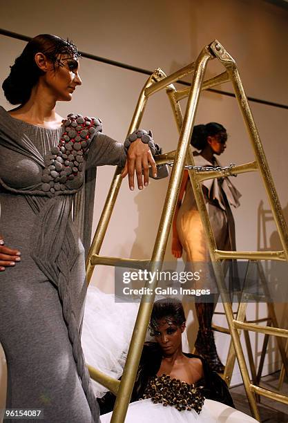 Model displays a creation by David Tlale during the Audi Fashion Week at the Sandton Convention Centre on January 21, 2010 in Johannesburg, South...