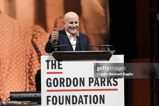 Honoree, Businessman and philanthropist Ronald O. Perelman speaks on stage at Gordon Parks Foundation: 2018 Awards Dinner & Auction at Cipriani 42nd...