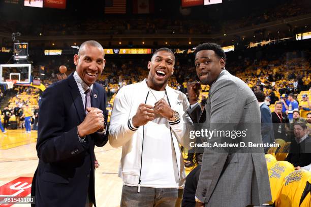 Reggie Miller, Anthony Joshua, and Chris Webber pose for a phtoograh before the game between Houston Rockets and Golden State Warriors during Game...