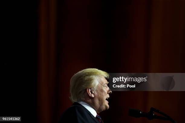 President Donald Trump delivers remarks during the Susan B Anthony List gala at the National Building Museum on May 22, 2018 in Washington, DC. Trump...
