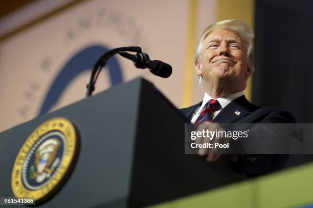 President Donald Trump delivers remarks during the Susan B Anthony List gala at the National Building Museum on May 22, 2018 in Washington, DC. Trump...