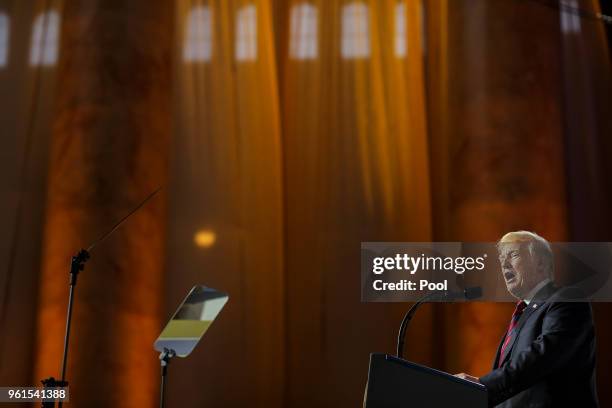 President Donald Trump delivers remarks during the Susan B Anthony List gala at the National Building Museum on May 22, 2018 in Washington, DC. Trump...