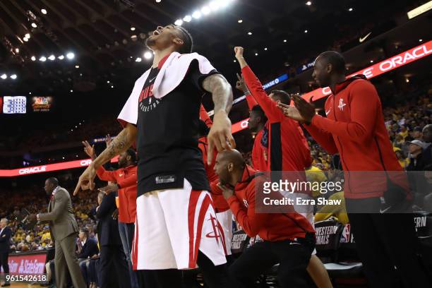 Gerald Green of the Houston Rockets reacts on the bench to a play against the Golden State Warriors during Game Four of the Western Conference Finals...