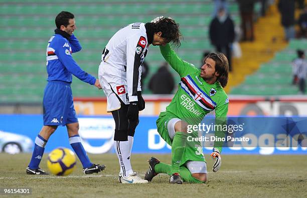 Marco Storari goal keeper of Sampdoria and Bernardo Corradi of Udinese during the Serie A match between Udinese and Sampdoria at Stadio Friuli on...