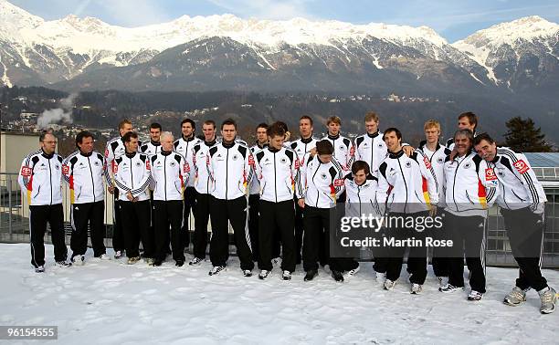 The German Handball national squad pose during for a photocall on the roof at the Golden Baer hotel on January 25, 2009 in Innsbruck, Austria.