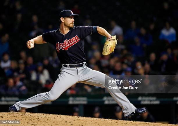 Josh Tomlin of the Cleveland Indians pitches against the Chicago Cubs during the ninth inning at Wrigley Field on May 22, 2018 in Chicago, Illinois....