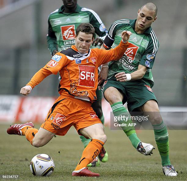 Saint-Etienne's French defender Yohan Benalouane vies with Lorient's French forward Kevin Gamero during the French Cup football match Saint-Etienne...