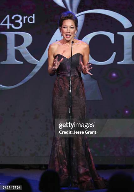 Host Lisa Joyner speaks onstage at the 43rd Annual Gracie Awards at the Beverly Wilshire Four Seasons Hotel on May 22, 2018 in Beverly Hills,...