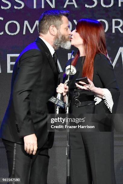 Nick Offerman and Honoree Megan Mullally speak onstage at the 43rd Annual Gracie Awards at the Beverly Wilshire Four Seasons Hotel on May 22, 2018 in...
