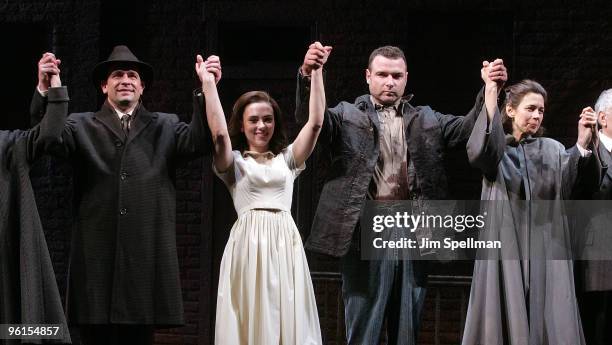 Actors Mark Morettini, Scarlett Johansson and Liev Schreiber and Jessica Hecht attend the "A View From The Bridge" Broadway opening night at the Cort...