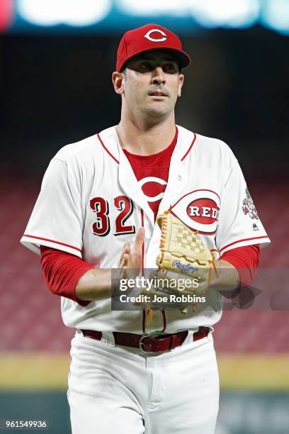Matt Harvey of the Cincinnati Reds reacts after pitching through the sixth inning against the Pittsburgh Pirates at Great American Ball Park on May...