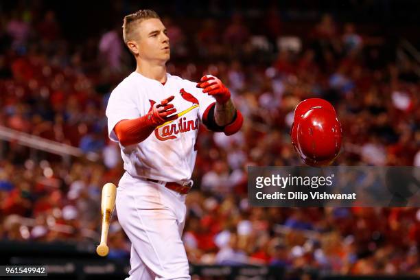 Tyler O'Neill of the St. Louis Cardinals throws his equipment after striking out against the Kansas City Royals at Busch Stadium on May 22, 2018 in...