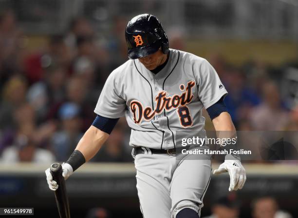 Mikie Mahtook of the Detroit Tigers reacts to striking out against the Minnesota Twins during the seventh inning of the game on May 22, 2018 at...