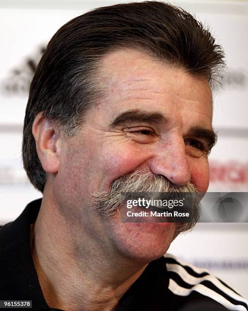 Heiner Brand , head coach of the german national team smiles prior to the photocall on the roof at the Golden Baer hotel on January 25, 2009 in...