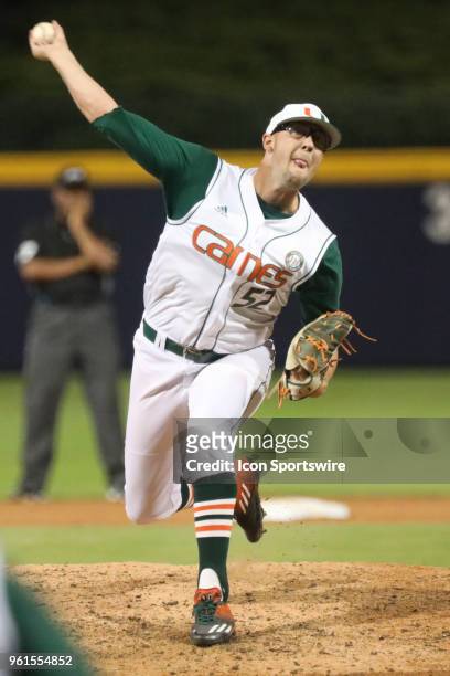 Miami pitcher Frankie Bartow during the ACC Baseball Championship game between the Notre Dame Fighting Irish and the Miami Hurricanes on May 22, 2018...