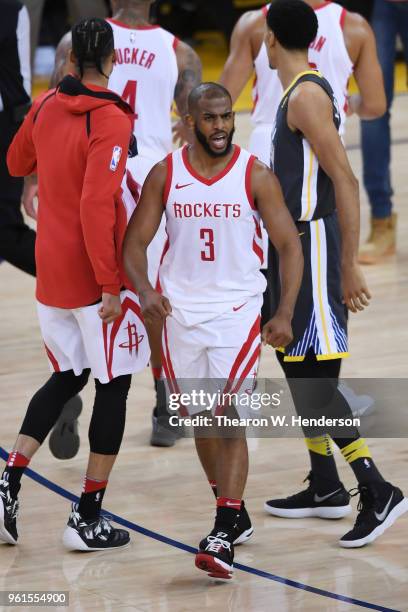Chris Paul of the Houston Rockets reacts after their 95-92 win over the Golden State Warriors in Game Four of the Western Conference Finals of the...