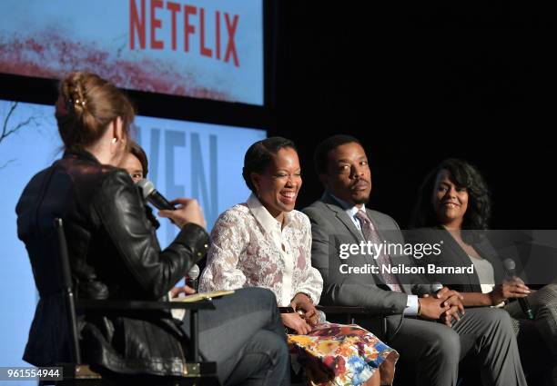 Lorraine Ali, Veena Sud, Regina King, Russell Hornsby, and Kristi Henderson speak onstage at the "Seven Seconds" panel at Netflix FYSEE on May 22,...