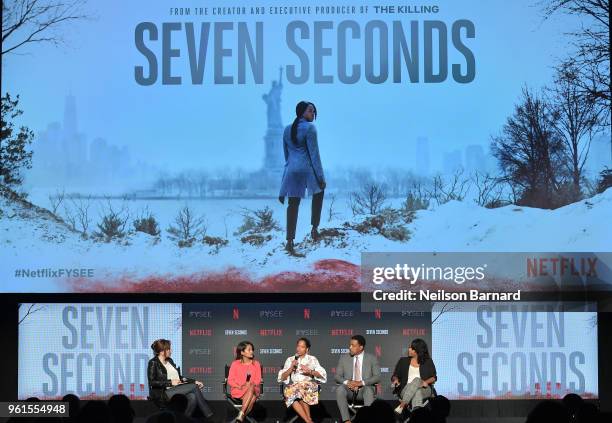 Lorraine Ali, Veena Sud, Regina King, Russell Hornsby, and Kristi Henderson speak onstage at the "Seven Seconds" panel at Netflix FYSEE on May 22,...