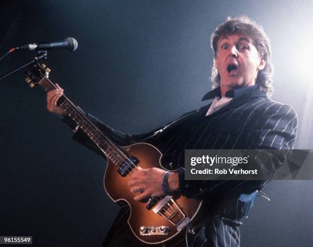 Paul McCartney performs on stage, playing Hofner 500/1 violin bass guitar, at Waldbühne on September 3rd 1993 in Berlin, Germany.