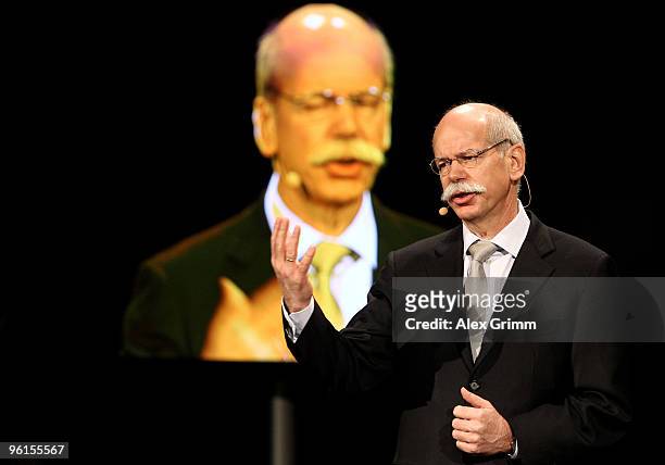 Daimler AG CEO Dieter Zetsche gestures during the Mercedes GP Petronas Formula One Team presentation at Mercedes Museum on January 25, 2010 in...