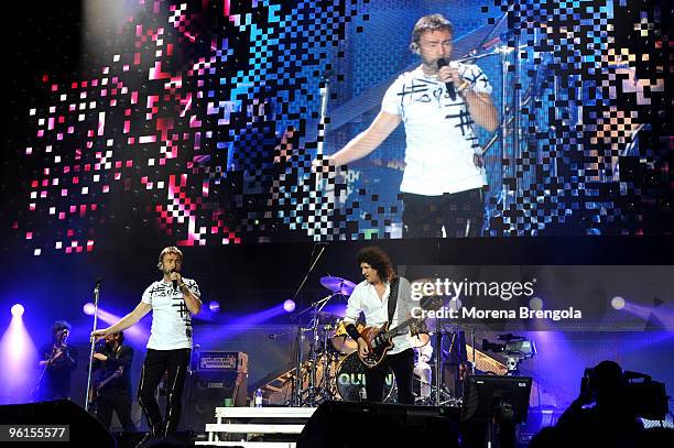 Brian May and Roger Taylor of Queen with singer Paul Rodgers perform at O2 arena on October 13 , 2008 in London, Uk.