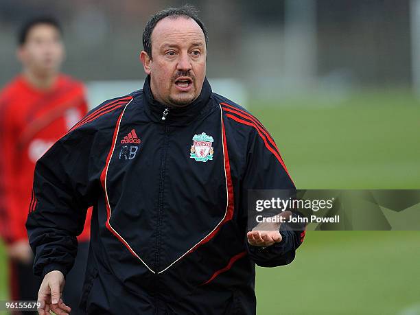 Liverpool Manager Rafael Benitez conducts a Liverpool team training session at Melwood training ground on January 25, 2010 in Liverpool, England.