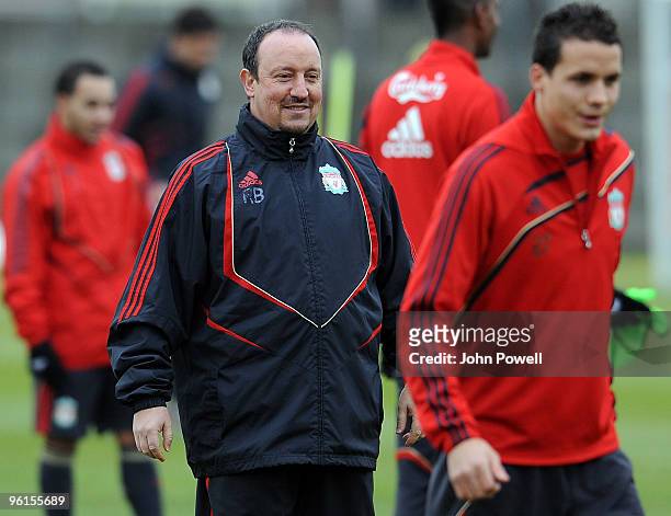 Liverpool Manager Rafael Benitez conducts a Liverpool team training session at Melwood training ground on January 25, 2010 in Liverpool, England.