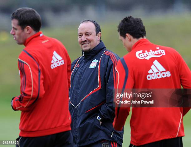 Liverpool Manager Rafael Benitez conducts a Liverpool team training session at Melwood training ground on January 25, 2010 in Liverpool, England.