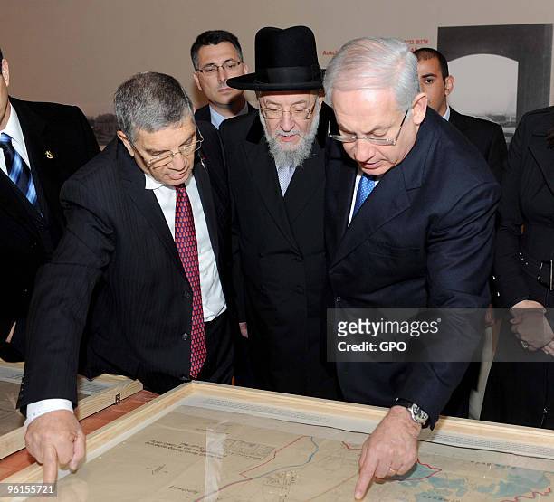 In this handout image supplied by the Israeli Government Press Office , Prime Minister Benjamin Netanyahu and Yad Vashem director Avner Shalev...