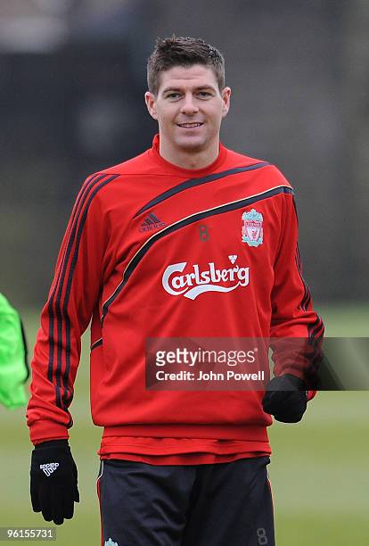 Liverpool captain Steven Gerrard attends a team training session at Melwood training ground on January 25, 2010 in Liverpool, England.