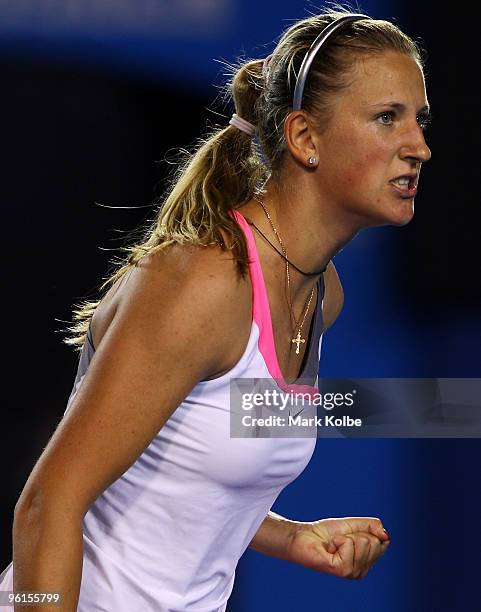 Victoria Azarenka of Belarus celebrates winning a point in her fourth round match against Vera Zvonareva of Russia during day eight of the 2010...