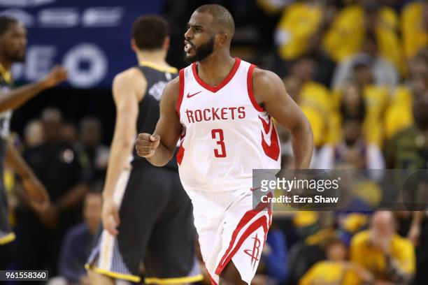 Chris Paul of the Houston Rockets reacts after a basket against the Golden State Warriors during Game Four of the Western Conference Finals of the...