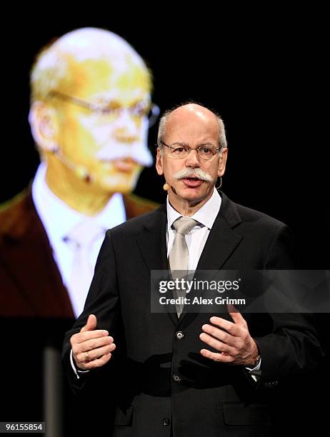 Daimler AG CEO Dieter Zetsche gestures during the Mercedes GP Petronas Formula One Team presentation at Mercedes Museum on January 25, 2010 in...