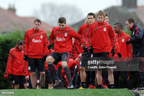Liverpool captain Steven Gerrard in action during a Liverpool team training session at Melwood training ground on January 25, 2010 in Liverpool,...
