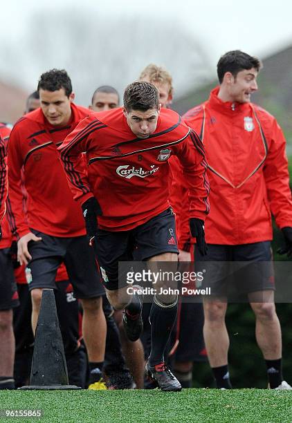 Liverpool captain Steven Gerrard in action during a Liverpool team training session at Melwood training ground on January 25, 2010 in Liverpool,...